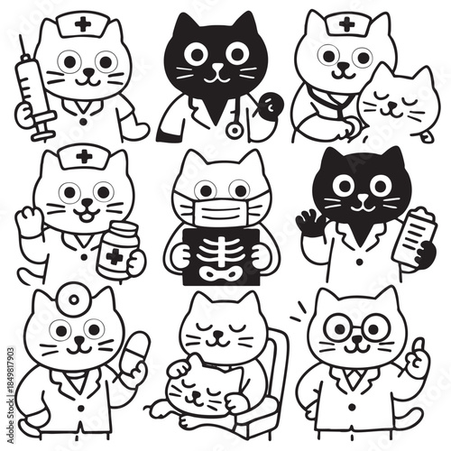 Cat nurse, doctor, veterinarian, and patient various medical roles, black and white cartoon style