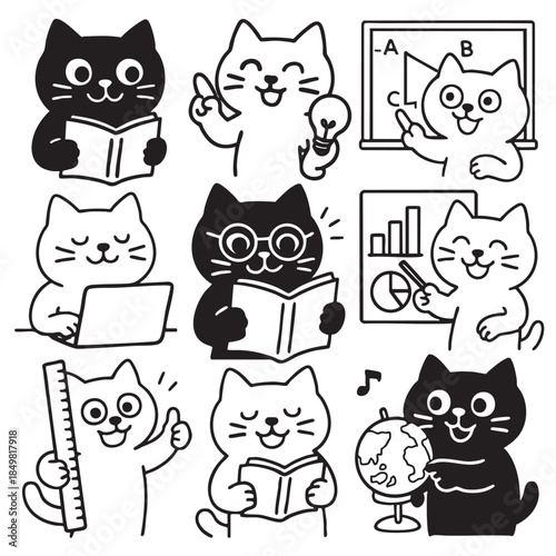 Cartoon cat reading book, teaching, using laptop, holding ruler, globe, and chart, happy mood