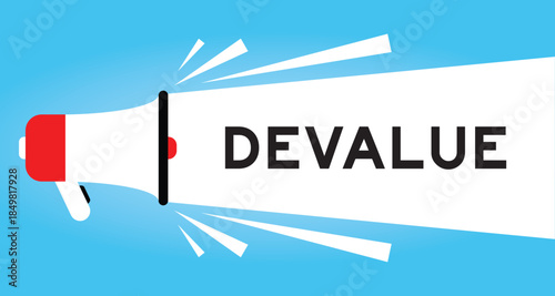 Color megaphone icon with word devalue in white banner on blue background