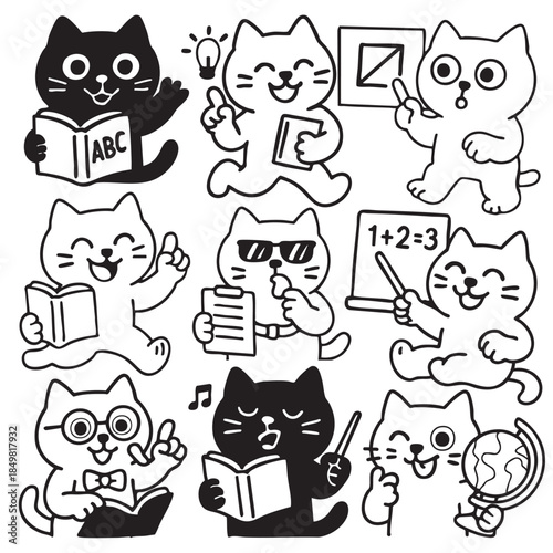 Cat book reading cartoon education happy black white