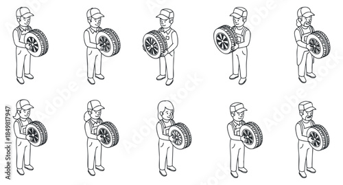 A set of cartoon mechanics holding tires in black and white outline vector style, ideal for automotive service illustrations