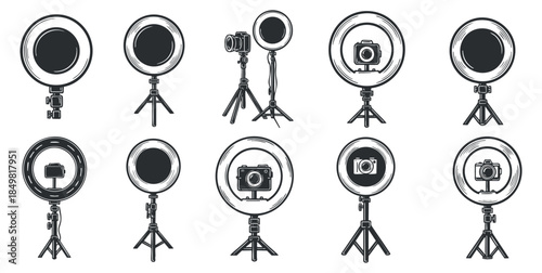A collection of various ring lights and tripods in black and white outline vector style, ideal for photography and videography setups