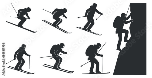 A set of skiing and climbing silhouettes in black vector style, ideal for sports and adventure themes