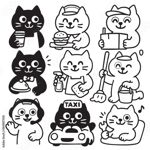 Cat cartoon job uniform food drink cleaning taxi headset happy