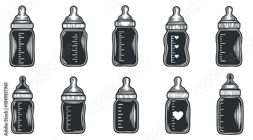 A set of baby feeding bottles with hearts and measurement markings in black and white outline vector style, ideal for parenting and childcare designs
