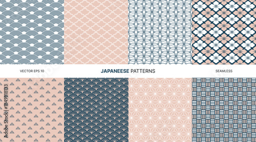 Traditional Japanese seamless patterns set pastel colors, geometric waves, floral blossoms, lattice, cultural motifs, oriental backgrounds textile, wrapping, wallpaper, print, branding projects