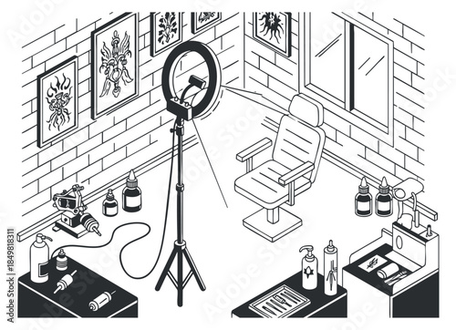 A tattoo studio interior featuring a chair, ring light, art on the walls, and various tattooing supplies in black and white line art style, suitable for design projects and creative branding