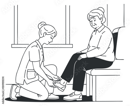 A caregiver helping an elderly woman with foot care in a minimalist line art vector style, suitable for healthcare and wellness projects