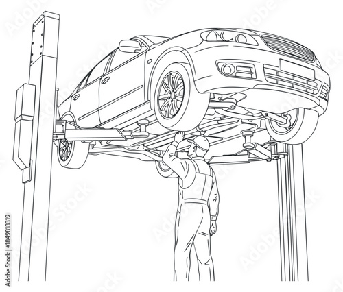 A mechanic working on a car elevated on a hydraulic lift in black and white outline vector style, suitable for automotive industry illustrations