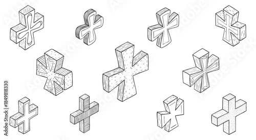 A collection of various cross shapes in detailed outline style, suitable for religious and spiritual design projects