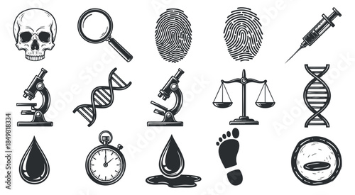 A collection of laboratory and forensic icons including a skull, microscope, fingerprints, syringe, and DNA in black and white vector style, ideal for science and health projects