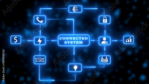 Connected System Network Diagram with Icons and Glowing Blue Lines flowchart