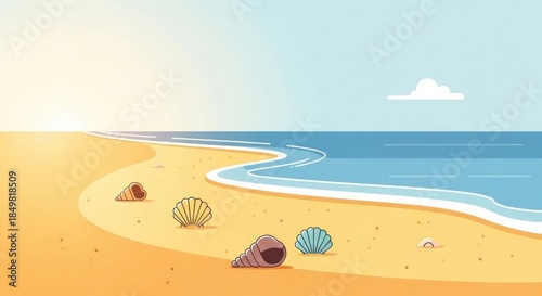 Serene Beach Scene - Golden Sands, Turquoise Waters, and Seashells.
