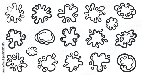 A collection of playful splash shapes in black outline vector style, perfect for creative graphic designs and backgrounds