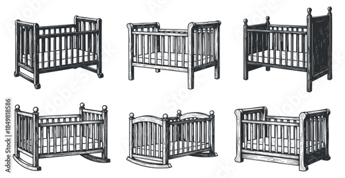 A collection of six baby cribs in hand-drawn black and white outline vector style, suitable for nursery design and children's furniture branding