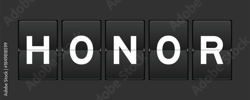 Black color analog flip board with word honor on gray background