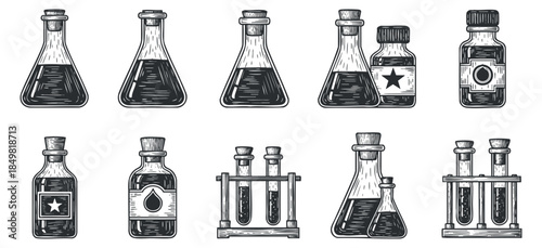 A collection of various laboratory glassware including flasks, test tubes, and bottles in black and white outline vector style, ideal for educational and scientific projects