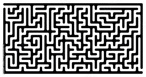 Black white maze vector horizontal design, bold abstract labyrinth with rounded thick lines, easy moderate difficulty puzzle background, brain teaser concept with swirling confusing path and entrance