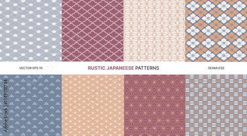 Rustic Japanese seamless patterns set sakura blossoms, waves, geometric tiles, oriental traditional motifs, soft pastel colors, elegant style for textile, wallpaper, craft projects graphic decoration