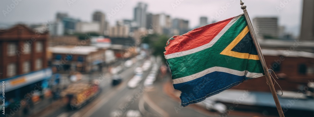Obraz premium South African flag waves above city streets of Johannesburg on a cloudy day with buildings in the background