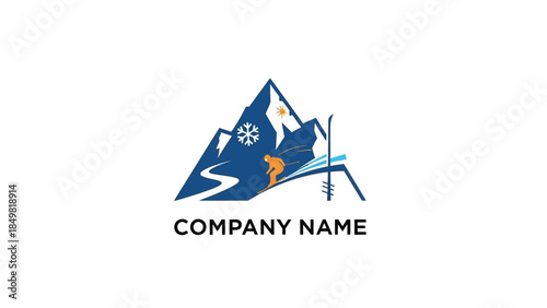 Mountain Logo Design with Climber and Ski.