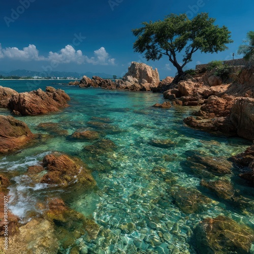 Turquoise coastal waters meet rugged cliffs and a lone tree