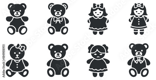 A collection of teddy bears and dolls in black and white flat vector style, perfect for children's products and designs