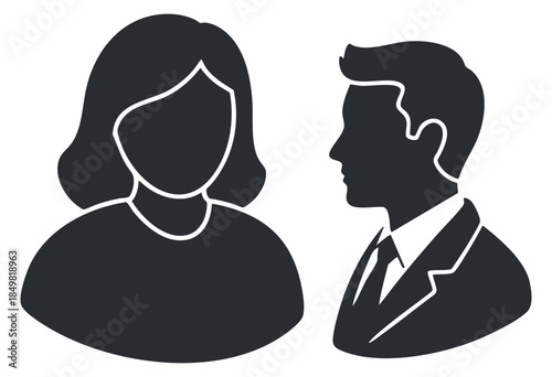 A set of male and female silhouette icons in black and white minimalist vector style, ideal for social and professional contexts