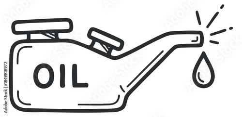 An oil can with a drop of oil in black and white outline vector style, suitable for automotive and repair projects