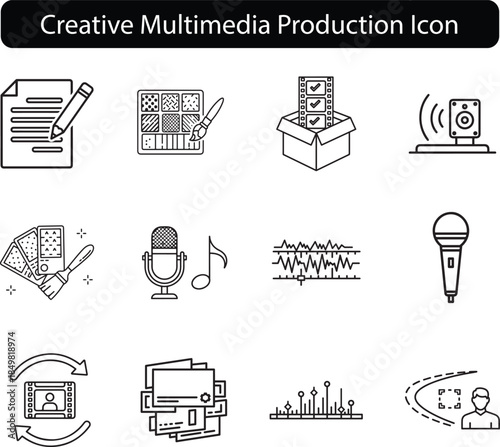 Creative Multimedia Production Icon Set Featuring Content Writing, Color Grading, Audio Recording, Video Editing, and Motion Tracking Symbols