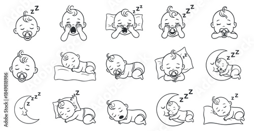 A collection of cute baby illustrations depicting various sleeping and playful expressions in black and white outline style, perfect for children's products and designs