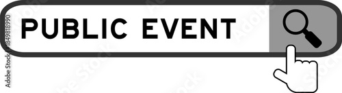 Search banner in word public event with hand over magnifier icon on white background