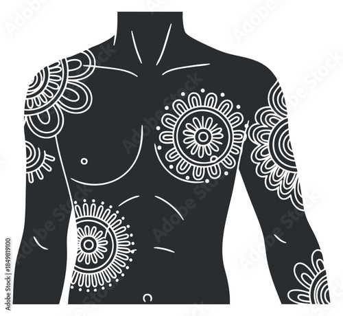 A male torso with intricate mandala tattoos on the chest and arms in black and white minimalist vector style, ideal for tattoo studio branding or artistic projects