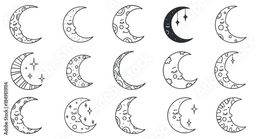 A collection of crescent moons with stars and decorative patterns in black and white outline vector style, perfect for celestial-themed designs and patterns