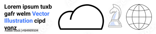 Technology, data storage, strategic planning, global communication, business solutions, cloud computing. Abstract cloud, chess knight and globe icons in a minimalist style. Cloud computing