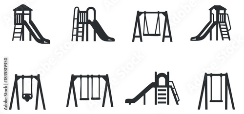 A collection of playground equipment icons including slides and swings in black and white minimalist vector style, perfect for children's activity designs
