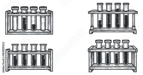 A collection of laboratory test tubes in black and white vector style, suitable for educational and scientific projects