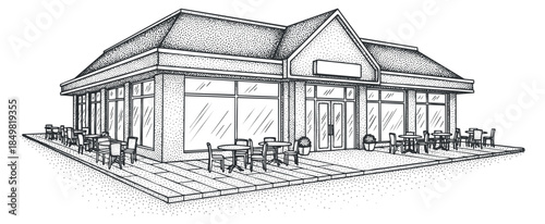 A detailed illustration of a modern restaurant building with outdoor seating in black and white vector style, suitable for architectural design projects