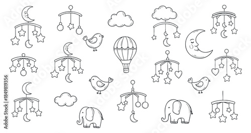 A collection of whimsical nursery-themed illustrations featuring elephants, clouds, stars, moons, and a hot air balloon in outline vector style, perfect for baby room decor