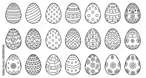 A collection of decorative Easter eggs in black and white outline style, perfect for coloring activities and spring-themed designs