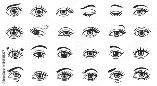 A collection of various eye illustrations in minimalist black and white vector style, suitable for beauty and fashion designs