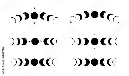 Black moon phase vector icons set with transparent background showing full lunar cycle minimal witchy celestial design elements for spiritual astrology prints stickers tattoos and graphic projects
