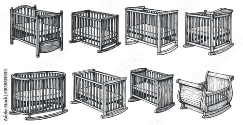 A collection of various baby cribs including rocking and stationary designs in detailed hand-drawn vector style, perfect for nursery decor and furniture design