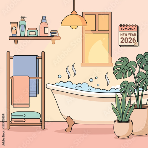 A serene bathroom scene with a bathtub filled with steaming water, surrounded by towels and plants, viewed from a cozy perspective.