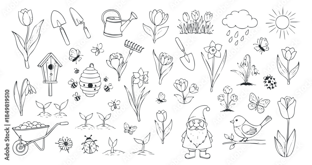 Fototapeta premium A collection of garden-themed elements including flowers, tools, birds, and insects in black and white outline vector style, perfect for gardening projects and illustrations