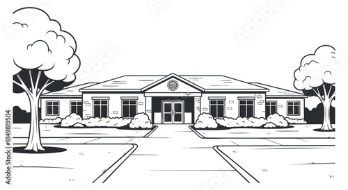 A detailed illustration of a residential building with trees and landscaping in black and white minimalist vector style, ideal for architectural presentations