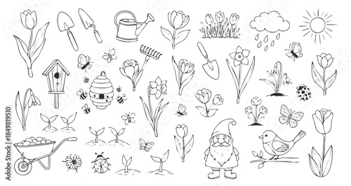 A collection of garden-themed elements including flowers, tools, birds, and insects in black and white outline vector style, perfect for gardening projects and illustrations