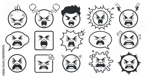 A collection of angry and frustrated face icons in black and white vector style, suitable for emoticon designs and emotional expression projects