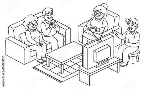 A group of four people enjoying time together in a living room, depicted in clean outline vector style, ideal for family and lifestyle themes