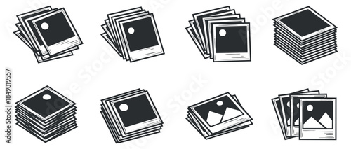 A collection of photo stacks and frames in black and white vector style, ideal for graphic design and digital media projects